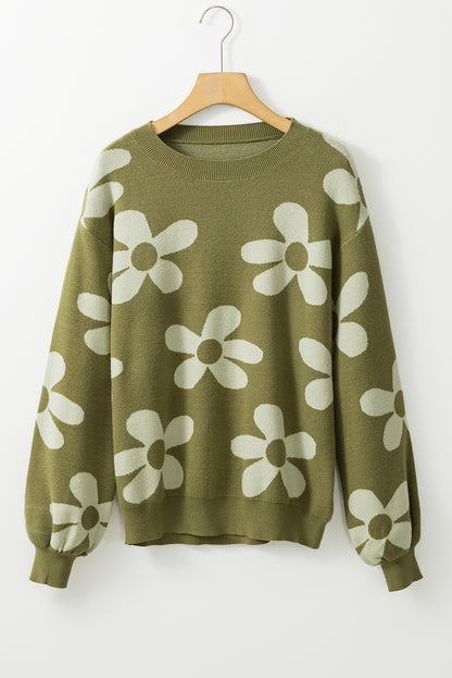 Spinach Green Big Flower Knit Ribbed Trim Sweater