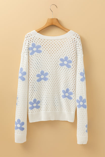 White Flower Knit Hollow Out Open Short Cardigan