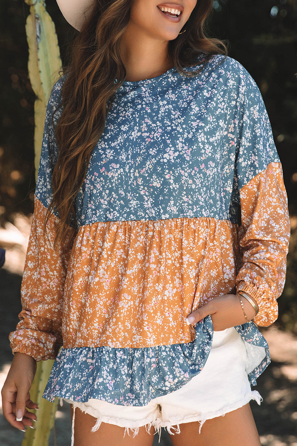 Orange Floral Color Block Ruffled Hem Round Neck Blouse