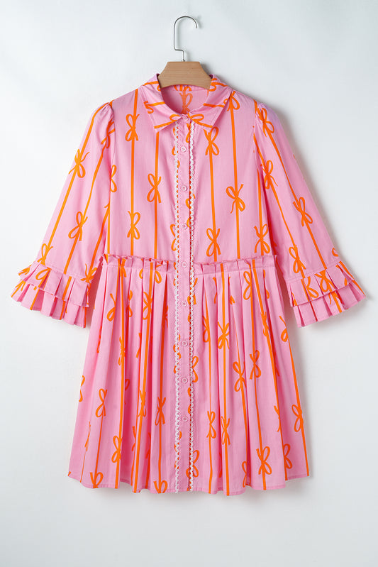 Pink Bowknot Striped Printed Tiered Ruffled Mini Shirt Dress