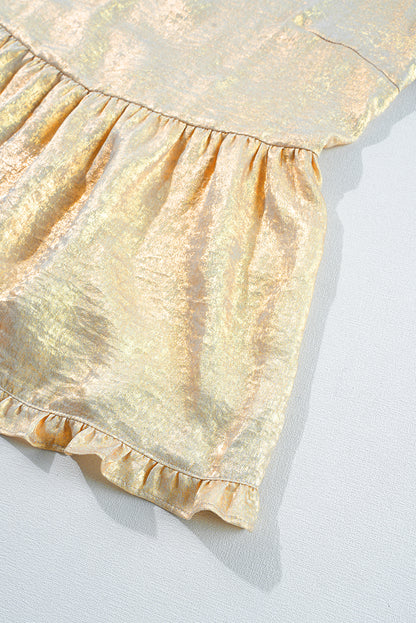 Gold Metallic Frilled V Neck Puff Sleeve Babydoll Blouse