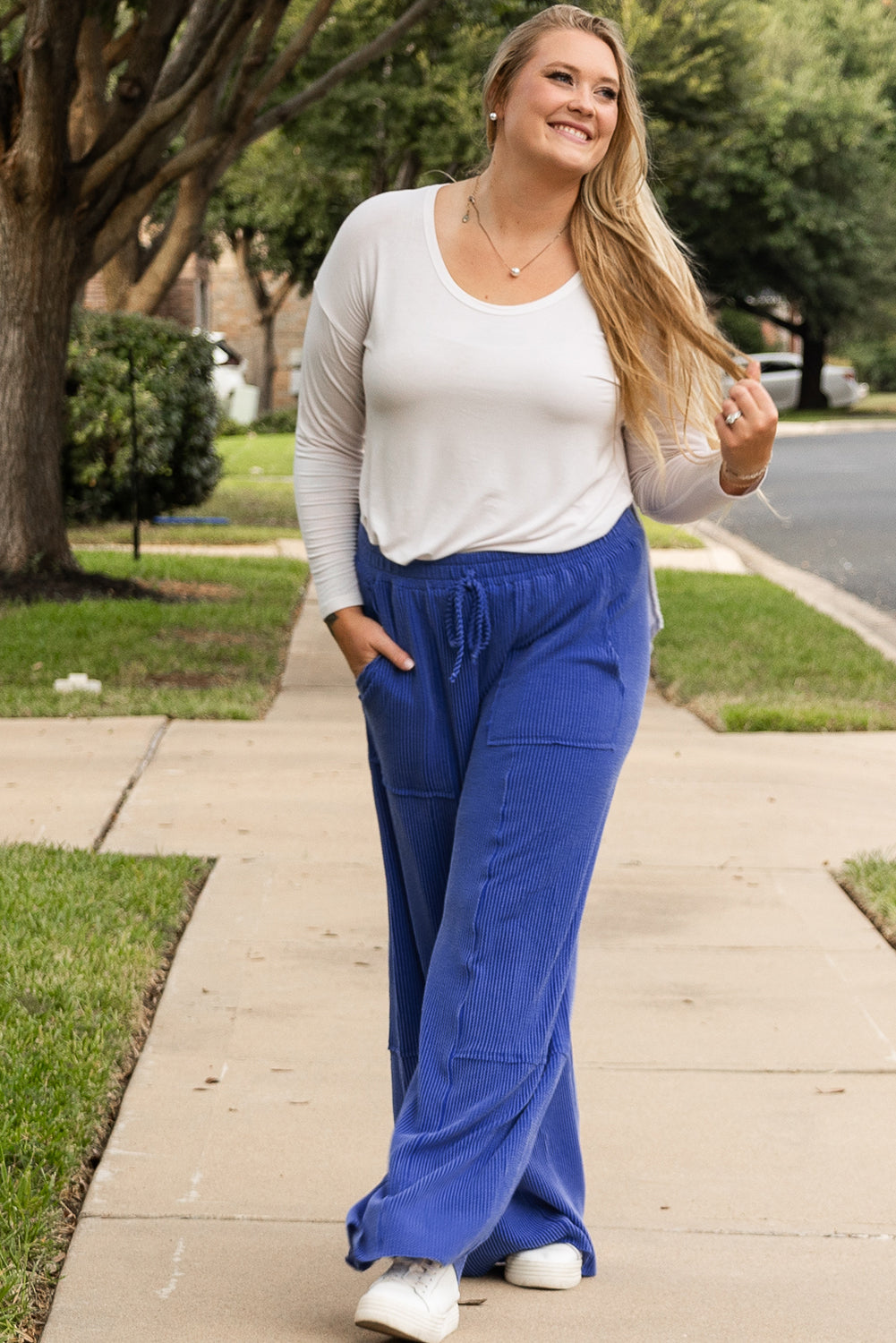 Sky Blue Corded Drawstring High Waist Pocket Plus Size Wide Leg Pants