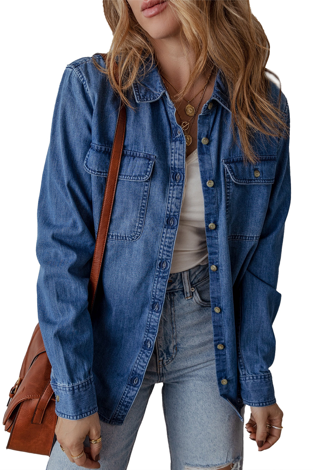 Sky Blue Flap Pocket Button Up Denim Shacket