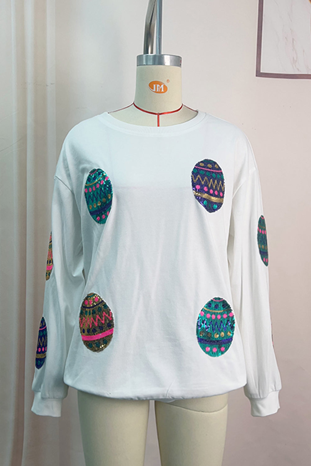 White Sequined Easter Egg Drop Shoulder Oversized Sweatshirt