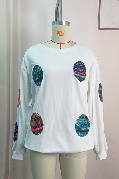 White Sequined Easter Egg Drop Shoulder Oversized Sweatshirt