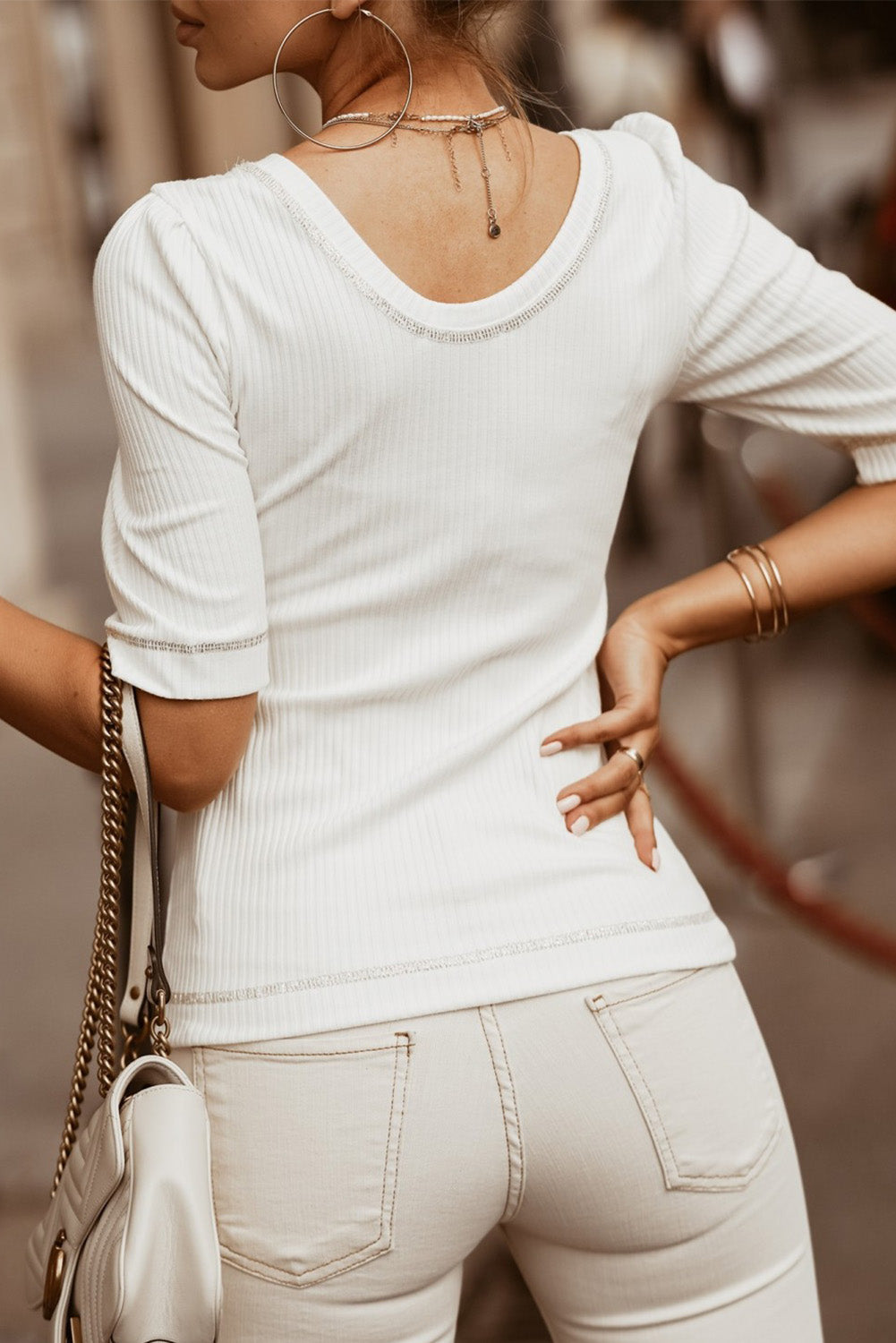 White Round Neck Half Sleeve Ribbed Knit Top