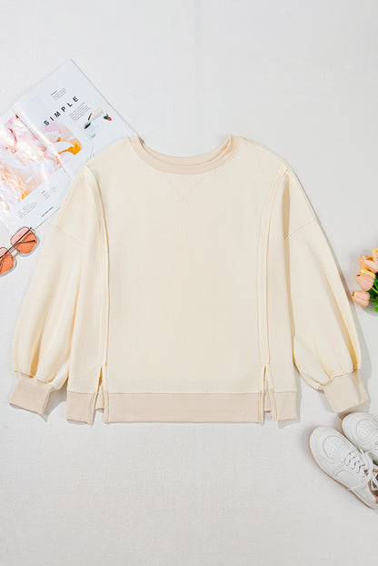 White Solid Color Waffle Knit Drop Shoulder Plus Size Sweatshirt