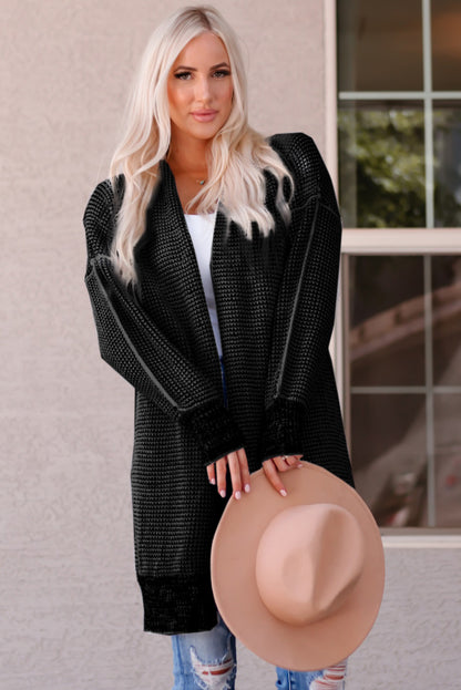 Black Plaid Knitted Long Open Front Cardigan