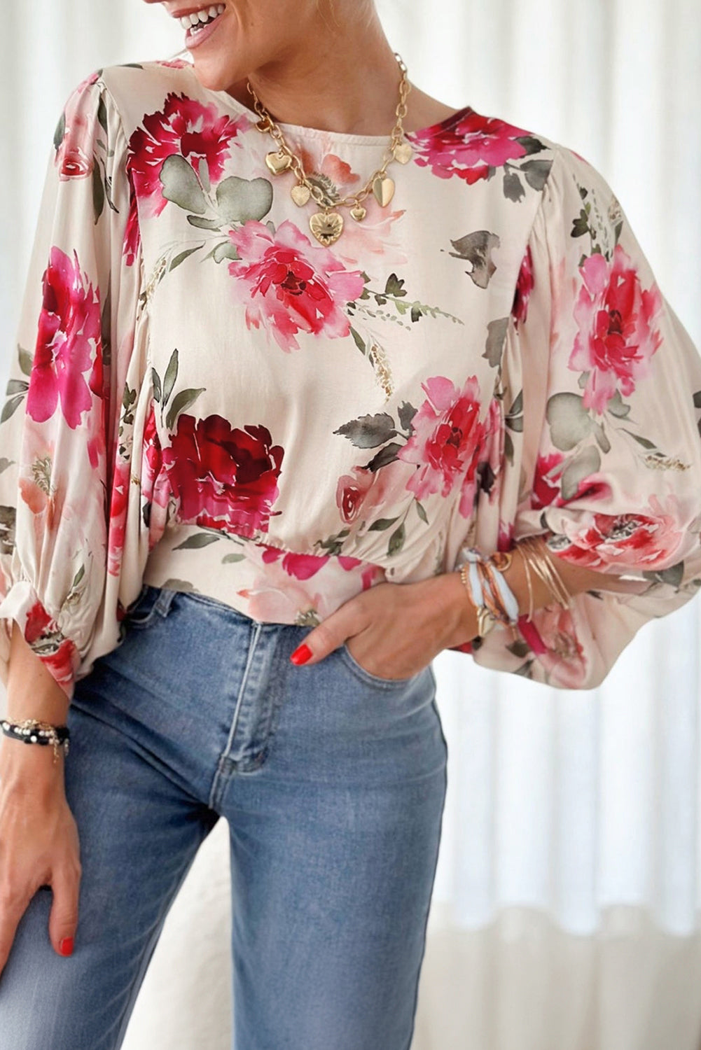 Rose Floral 3/4 Sleeve Lace-up Back Blouse