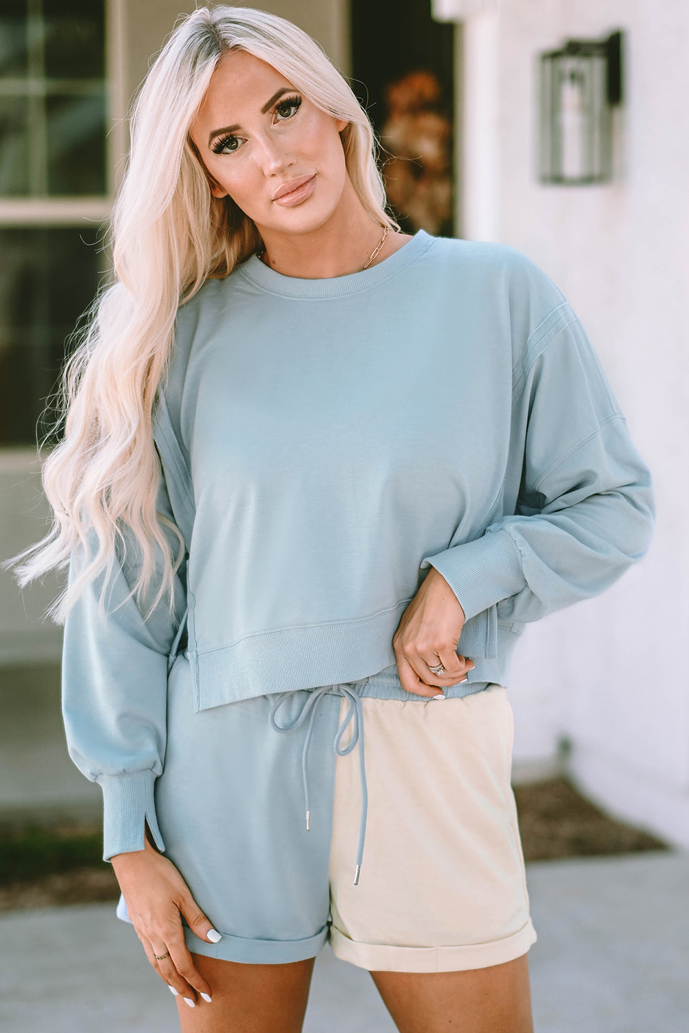 Sky Blue Split Hem Sweatshirt Color Block Shorts Set