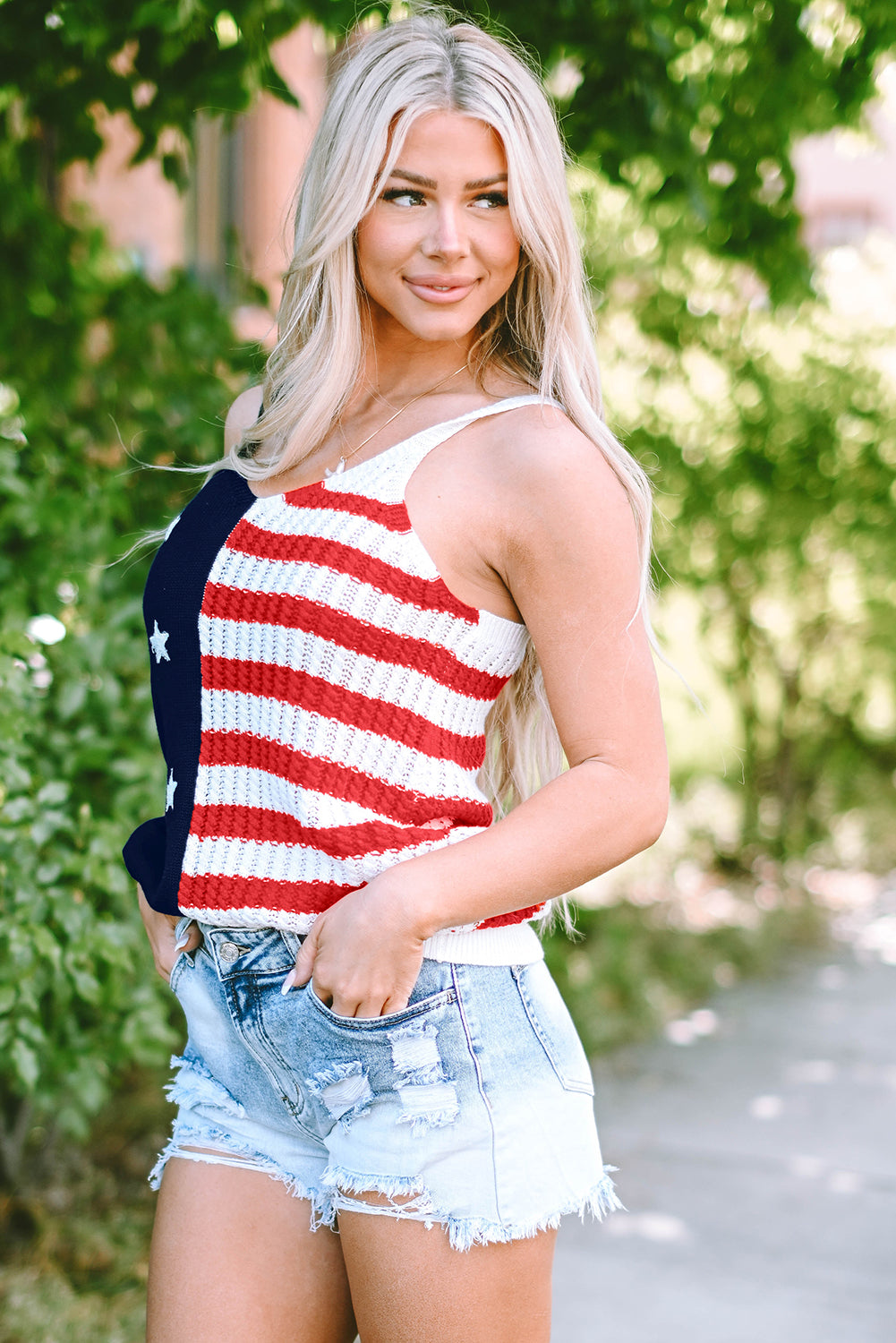 Red Stars and Stripes Flag Pattern Knitted Tank